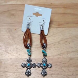 New ICON COLLECTION Brown and Silver Cross Earrings with Turquoise Accents